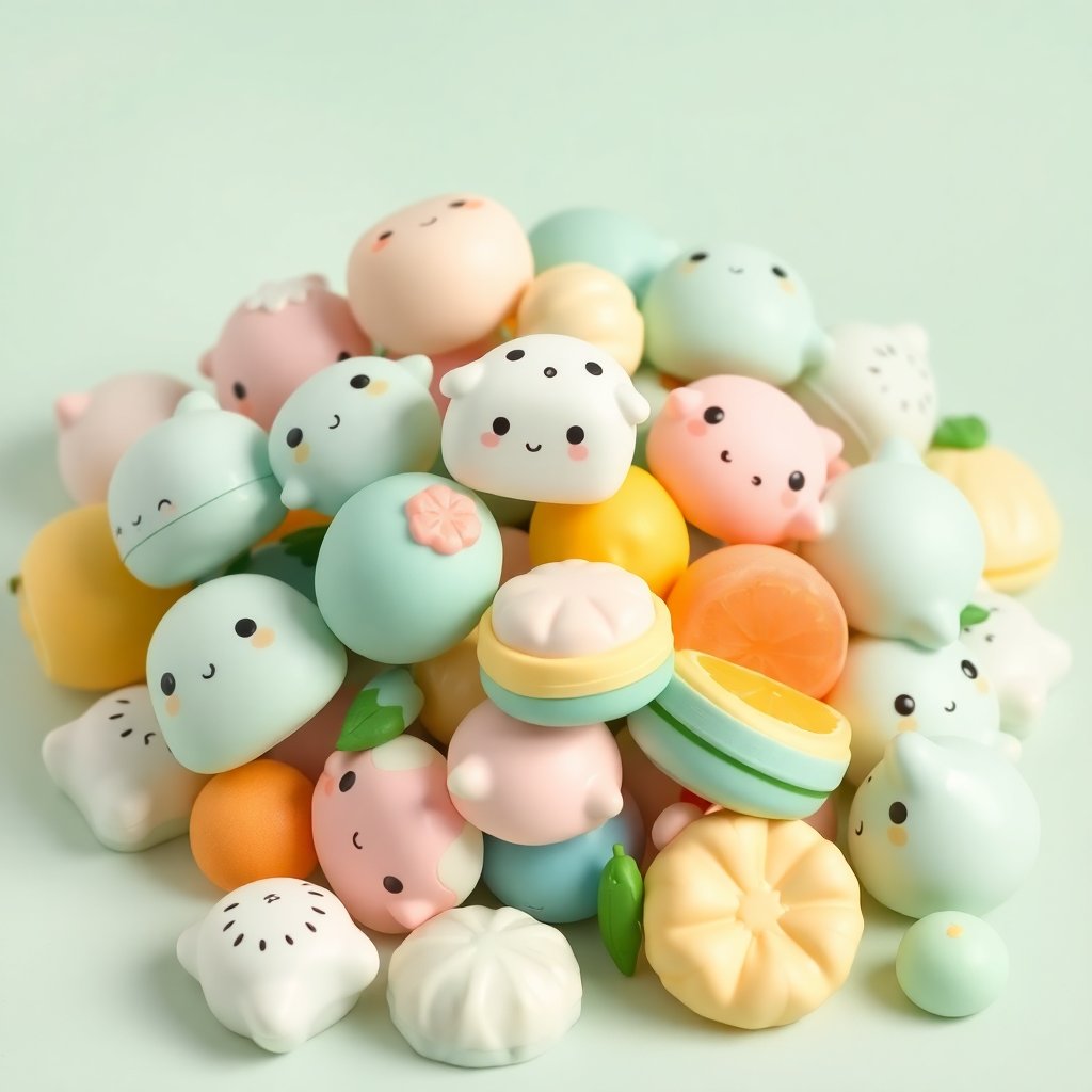 A colorful pile of soft pastel squishy toys